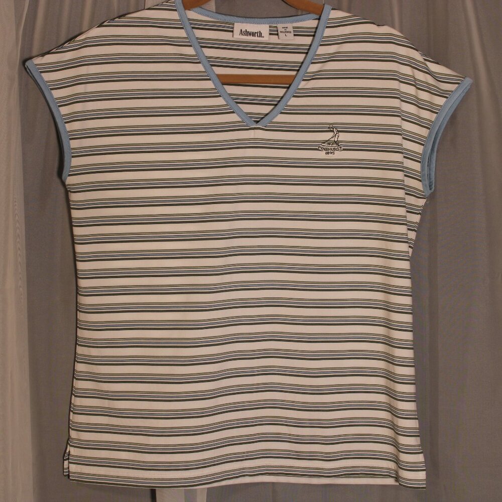 Pinehurst Ladies Striped V-Neck T Shirt Golf White & Light Blue Large